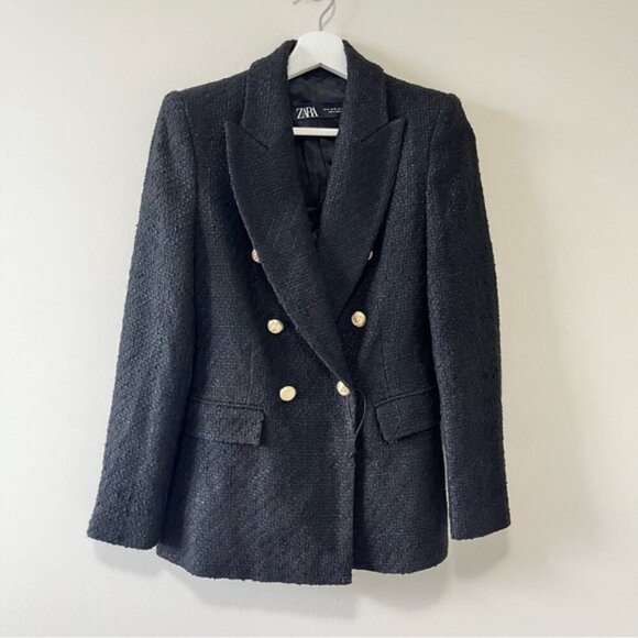 Zara Black Tweed Double-Breasted Blazer - Picture 4 of 12